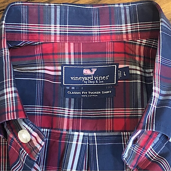 VINEYARD VINES Navy Red Plaid Button Down Shirt w Button Collar & Cuffs Sz LARGE - Picture 3 of 12